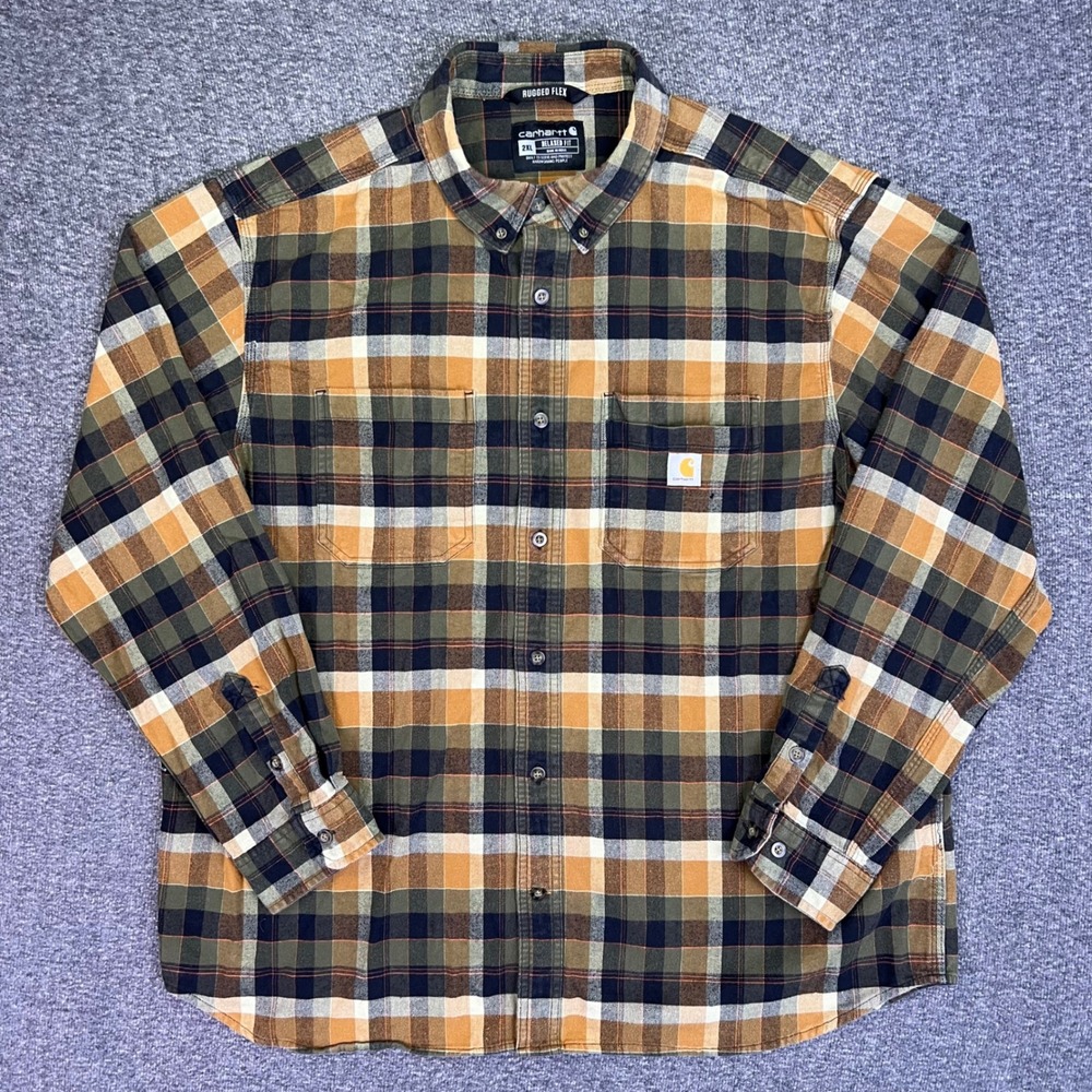Carhartt Rugged Flex Shirt Mens 2XL‎ Flannel Plaid Button Down Relaxed Workwear